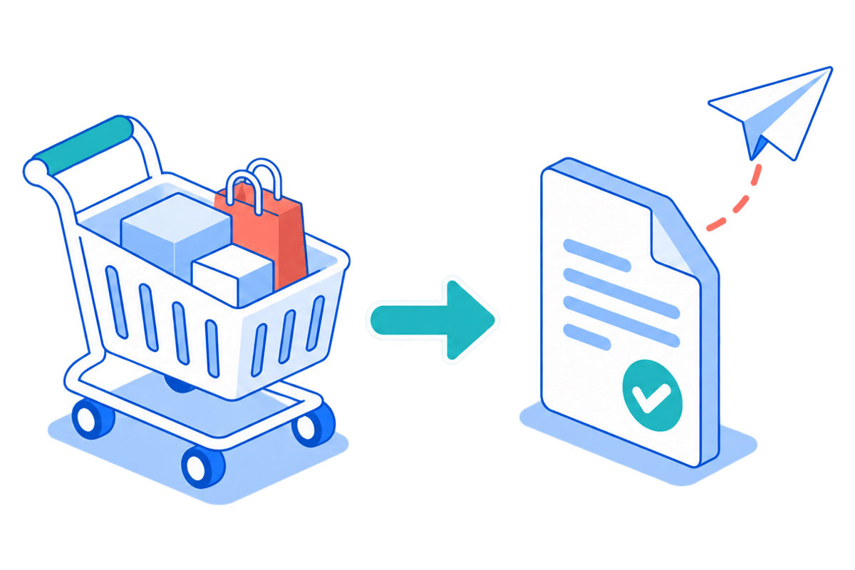 Ilustración de un carrito de compras que se transforma en un comprobante electrónico validado y enviado