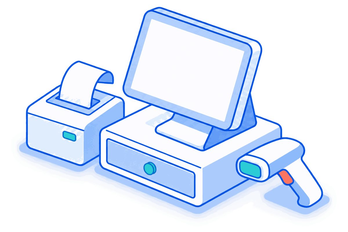 Ilustración de un terminal de punto de venta con impresora de tickets y lector de código de barras